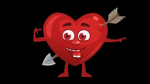 Cartoon Heart With Arrow. 9th Pose Pointer Right with Animated Face. Alpha Stock Footage 71623717