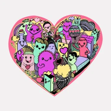 Cartoon Hearts  Pattern hand-drawn kawaii monsters Stock Illustration