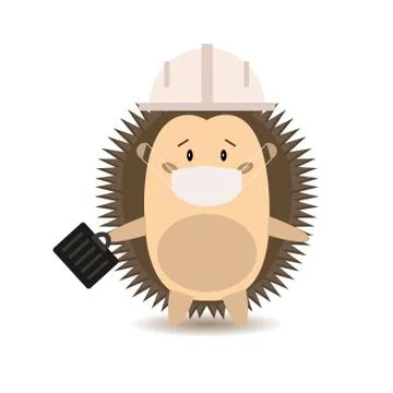Cartoon Hedgehog construction engineer in a white hard hat and protective mask Stock Illustration