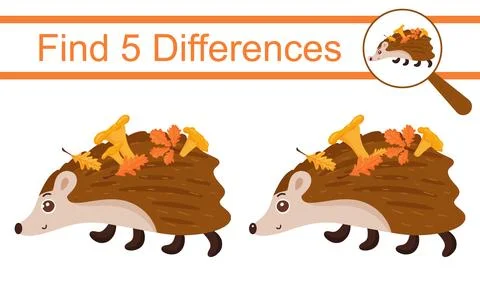 Cartoon hedgehog. Find 5 differences. Educational game for children. Stock Illustration