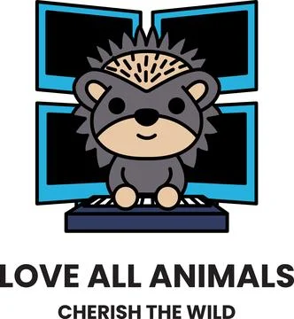 A cartoon of a hedgehog sitting in front of a computer monitor with the words Stock Illustration