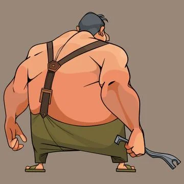 Cartoon hefty guy with a bent piece of iron in his hand Stock Illustration