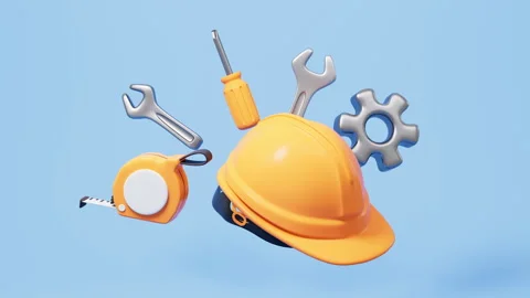 Cartoon helmet and spanner, screwdriver and so on repair tools, 3d rendering. Video stock 314822677