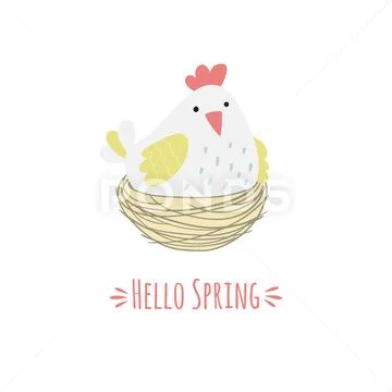 Cartoon hen in the nest and the inscription hello spring. Stock Illustration