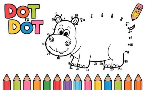 Cartoon hippo connect the dots activity with colored pencils Stock Illustration