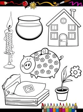Cartoon home objects coloring page Coloring Book or Page Cartoon Illustrat... Stock Photos