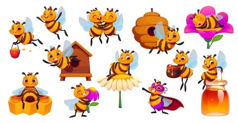Cartoon honey bee apiary characters vector set Stock Illustration