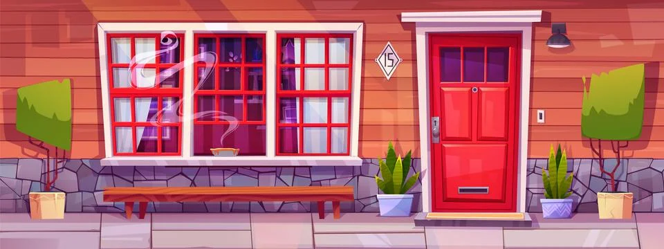 Cartoon house facade with red door and porch Stock Illustration