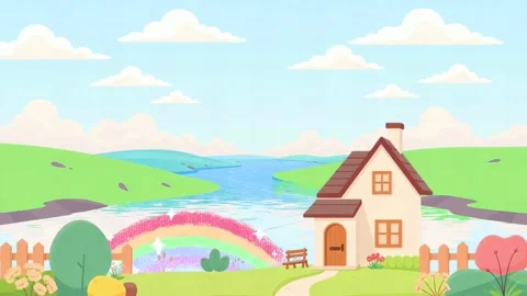 A Cartoon House by the River Stock Footage 305227416