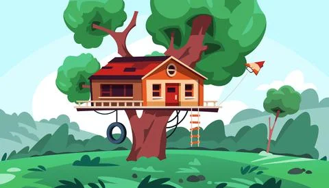 Cartoon house on tree. Summer background with cozy kids playground. Shed with Stock Illustration