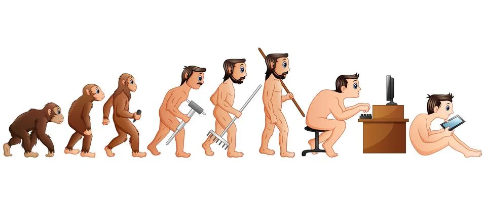 Cartoon Human Evolution and Technology Stock Illustration