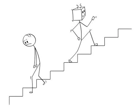 Cartoon of Human Going Down the Stairs and Robot Moving Up Stock Illustration