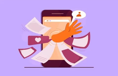 Cartoon human hand twisting surrounded by message, social networks, chat and Stock Illustration