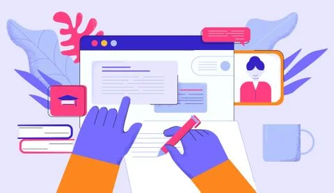 Cartoon human hands making notes during watching online course at computer Stock Illustration