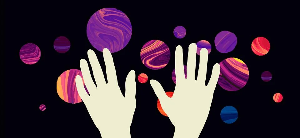 Cartoon human hands with planets. vector esoteric elements Stock Illustration