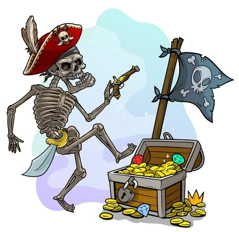 Cartoon human skeleton in pirate hat with treasure Stock Illustration