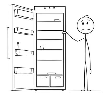 Cartoon of Hungry Man and Empty Fridge or Refrigerator Illustrazione stock