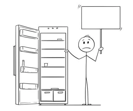Cartoon of Hungry Man Holding Empty Sign and Empty Fridge or Refrigerator Illustrazione stock