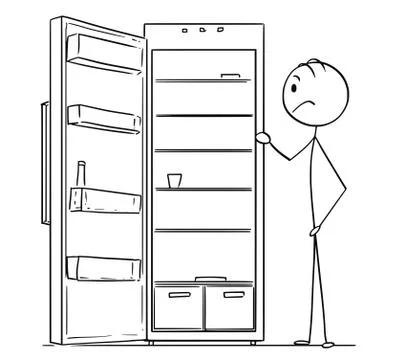 Cartoon of Hungry Man Looking in Empty Fridge or Refrigerator Illustrazione stock