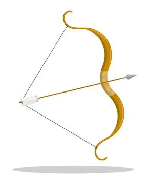 Cartoon Hunting bow with strung bowstring and arrow. Archery or hunter tool.  イラスト素材