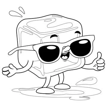 Cartoon ice cube character. Vector black and white coloring page. Stock Illustration