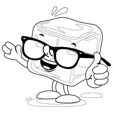 Cartoon ice cube character. Vector black and white coloring page. Stock Illustration
