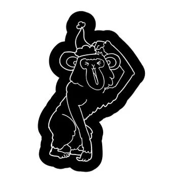 Cartoon icon of a chimp scratching head wearing santa hat Illustrazione stock