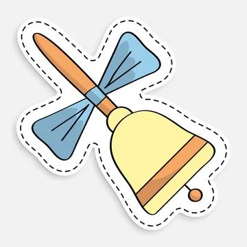 Cartoon icon of doodle ringing school bell with wooden handle. Call to lesson Illustration