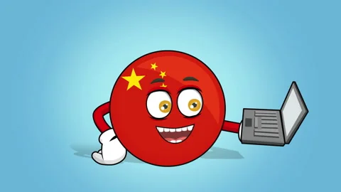 Cartoon Icon Flag China Work on Laptop with Face Animation Stock-Footage 101183882