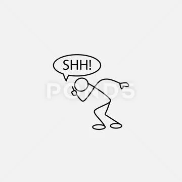 Cartoon icon of sketch little stick man making shh sign Stock Illustration
