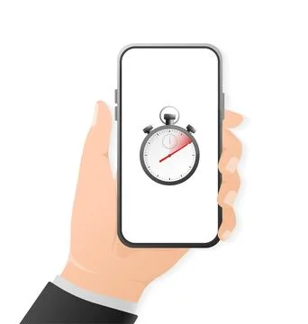 Cartoon icon with timer and smartphone with hand on white background. Business Illustrazione stock