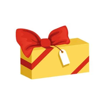 Cartoon icon of yellow rectangular gift box with big red bow and tag. Present イラスト素材