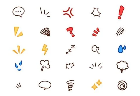 Cartoon icons. Cute line elements for sticker effect. Hand drawn emoji. Emoti Illustrazione stock