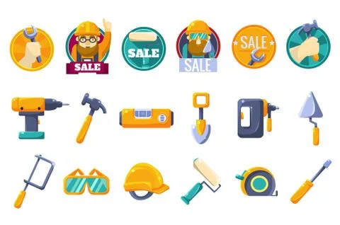 Cartoon icons set with tools for hardware store. Collection of working Stock Illustration