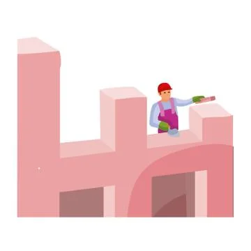 Cartoon illustration, construction worker bricklayer in hard hat lays a wall  Stock Illustration
