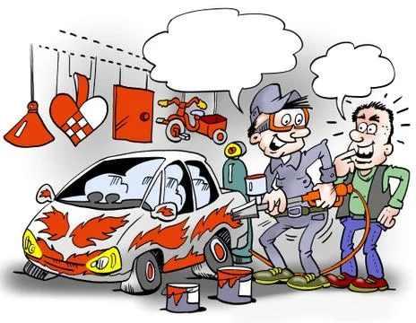 Cartoon illustration of a creative auto painter who loves the color red Stock Illustration