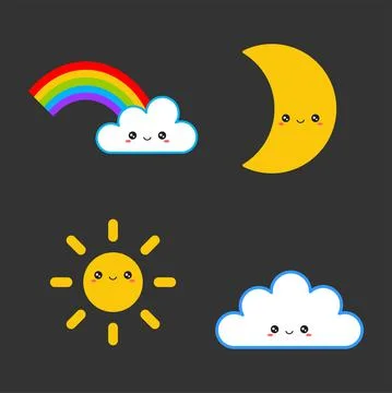 Cartoon illustration of cute characters. Cloud and rainbow, sun and moon. Stock Illustration