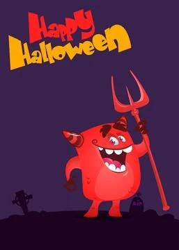 Cartoon illustration with devil holding pitchfork. Halloween design Stock Illustration