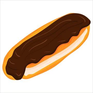 Cartoon illustration with eclair in chocolate glaze . Vector hand drawn graphic. Stock Illustration