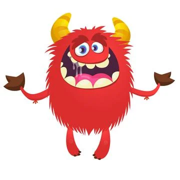 Cartoon illustration of funny red devil character with horns. Vector Stock Illustration