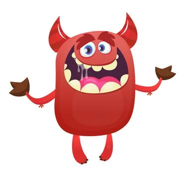 Cartoon illustration of funny red devil character with horns. Vector Stock Illustration