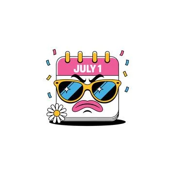 Cartoon illustration of grumpy July 1 calendar character with sunglasses and 스톡 일러스트