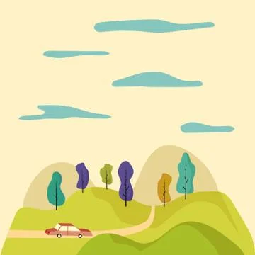 Cartoon illustration. Road trip through the fields Stock Illustration