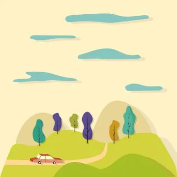 Cartoon illustration. Road trip through the fields Ilustração Stock
