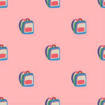 Cartoon illustration with seamless pattern with multicolor backpack on pink bg Illustrazione stock
