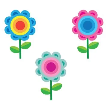 Cartoon illustration, set of three multicolored flowers, isolated object on.. Stock Illustration