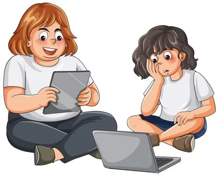 Cartoon Illustration of Two Children Using Tablet and Laptop Computer Stock Illustration