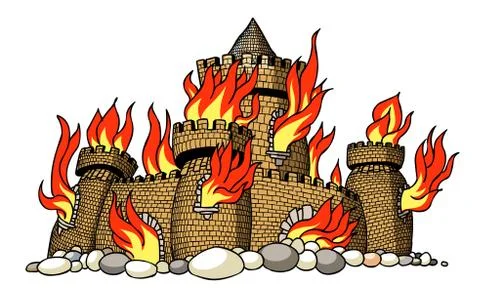 Cartoon image of burning castle Stock Illustration