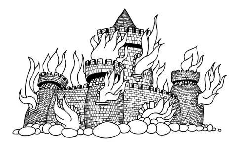 Cartoon image of burning castle Stock Illustration