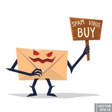Cartoon image of evil spam envelope with eyes, arms and legs standing on a wh Иллюстрация